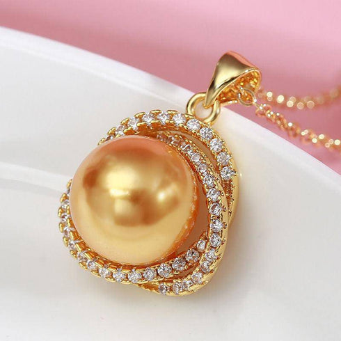 Golden South Sea Pearl 11.0-12.0mm & CZ Rose Pendant Necklace - House Of Pearls
